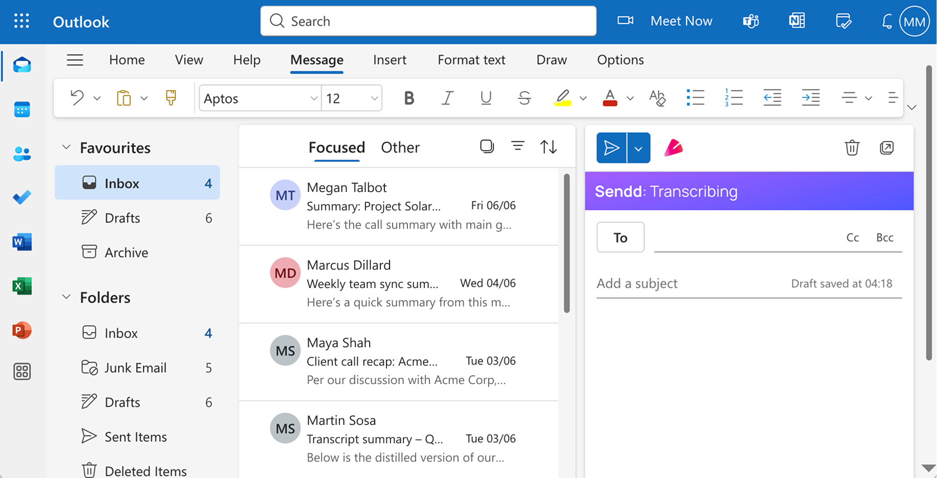 Screenshot of Sendd inside an Outlook compose window